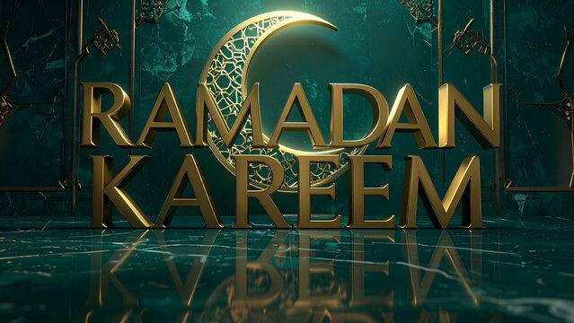 Golden Ramadan Kareem sign with luminous crescent creates an elegant Islamic celebration atmosphere. Ideal for luxury greeting cards, banners, event visuals, and spiritual promotional materials.