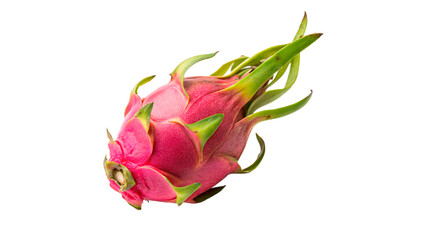 Fresh dragon fruit with green leaves on transparent background.