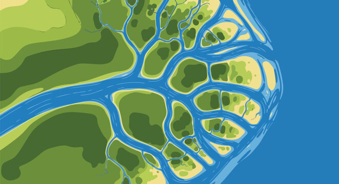 Illustrative aerial perspective of a sprawling river delta converging with the vast ocean, displaying intricate waterways and diverse green land