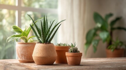Obraz premium Sunlit indoor potted plants on wooden table near window with natural minimalist home decor
