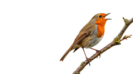 A bird sings on a branch during the day, against a transparent background. © Anatoli