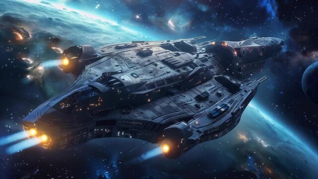A futuristic spaceship piercing through starry space with its engines running will create a dynamic backdrop for science fiction or gaming projects.
