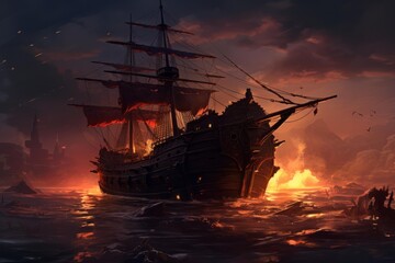 Obraz premium Galleon caught in a dramatic sea battle, burning with intense fire at dusk