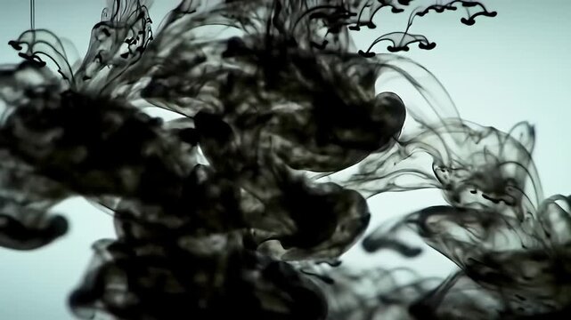 Ethereal black ink plumes gracefully swirling in a clear fluid, soft light