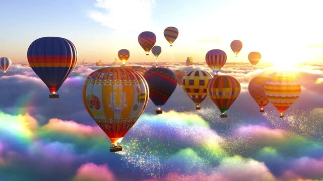 Hot Air Balloons Floating Over Colorful Clouds at Golden Hour