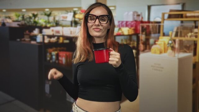 Young woman holds red mug, bare midriff visible, smiling and tilting head in building; playful casual.