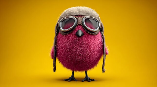 Cute pink fuzzy bird wearing aviator goggles and helmet photo