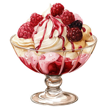 Ice Cream Sundae, elegant watercolor illustration luminous highlights, isolated on a white background.