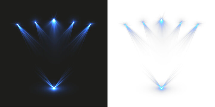 Blue stage spotlights with glowing beams and light rays isolated on transparent background.
