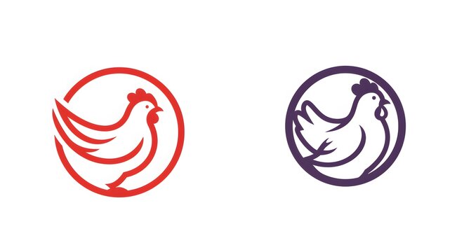 Two minimalist hen/chicken icons in circles, one red, one purple, on a white background