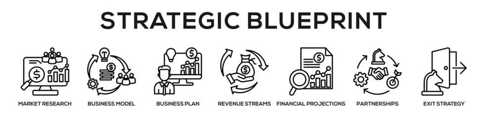 Obraz premium Line - Strategic Blueprint web banner icon vector illustration concept for business with icon of Market Research, Business Model, Business Plan, Revenue Streams, Financial Projections, Strategic.