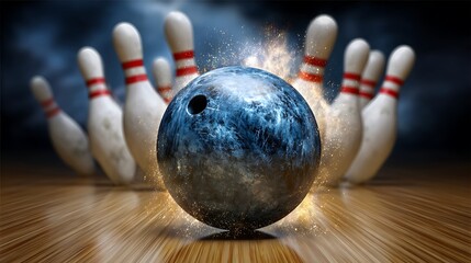 Bowling ball knocking down pins with explosion effect photo