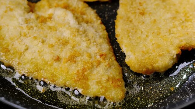 Frying breaded fish. Frying breaded fish. Frying flounder. Closeup bubbling oil under breaded cutlet, golden edges forming as crust crisps and tiny bubbles shimmer across hot skillet in busy.