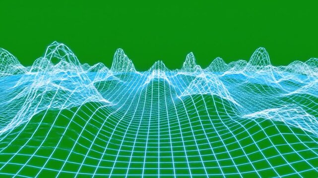 Abstract Digital Terrain: A visualization of digital terrain, featuring a wireframe landscape set against a vibrant green backdrop.