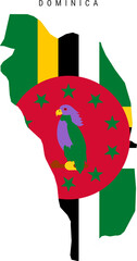 Silhouette map of Dominica filled with national flag colors. Editable country outline isolated on transparent background for geography and design projects.