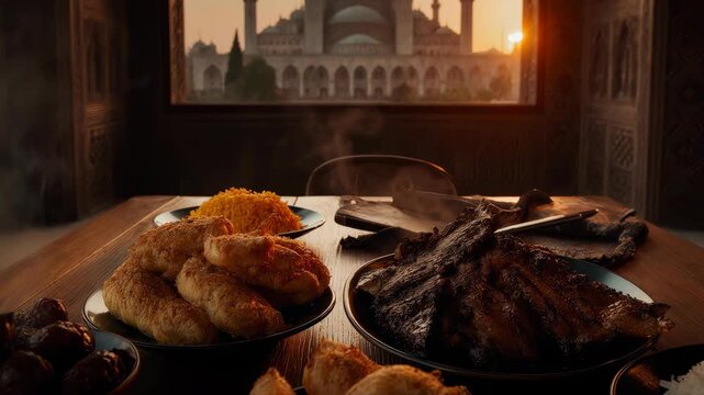 Ramadan menu, Traditional Middle Eastern meal with roasted meat, bread, and vegetables, sunset view through palace window