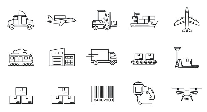 Collection of logistics and transportation icons in a simple line art style.