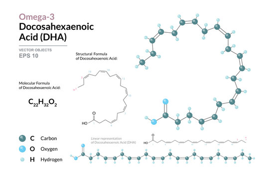 Omega-3 Docosahexaenoic Acid (DHA) Chemical Structure and Structural Formula, 3D Molecular Model, Polyunsaturated Fatty Acid, Scientific Vector Illustration