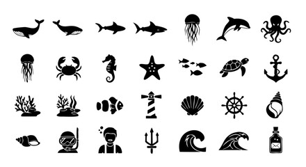 Black Silhouette Marine Life Icon Set – Ocean Animal Vector Collection © Deshan