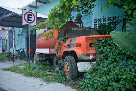 Old rusty fire truck - bocas del toro, panama. fire station in bocas del toro, caribbean, panama
