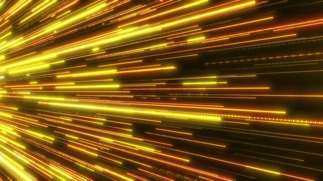 Golden light trails rushing forward at high speed, luminous motion lines creating dynamic futuristic background with energy, depth and cinematic impact.