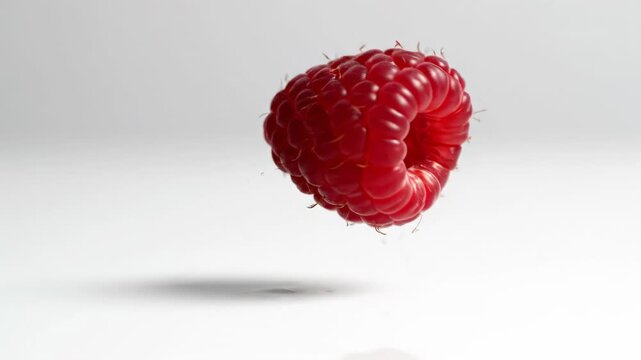 Single fresh raspberry drops gently onto a seamless bright white surface then bounces slightly showcasing its vivid red color and firmness in slow motion dynamic, bouncing, impact