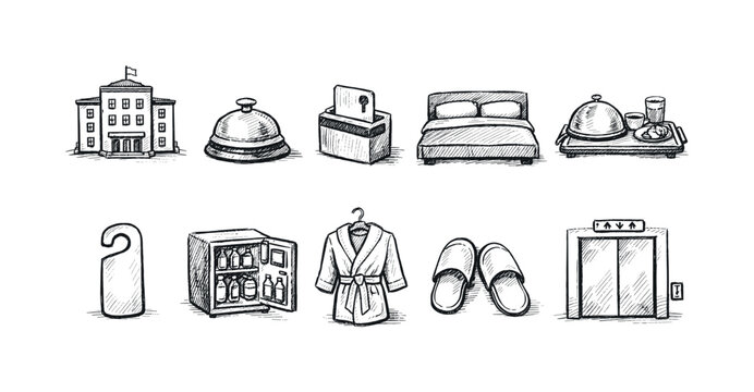 Hotel and hospitality chalk icon set. Accommodation, service, travel chalk collection