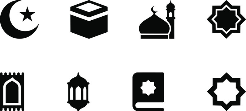 Islamic Religious Icon Set with Kaaba, Mosque, Crescent Moon, Quran and Lantern in Black Vector Style