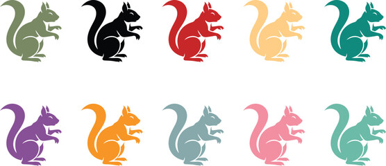 Fototapeta premium Colorful Squirrel Silhouettes: A vibrant collection of stylized squirrel silhouettes, each rendered in a different hue, presents a playful visual and creative resource.