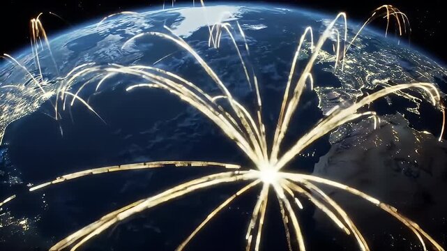 View of Earth at night with golden, arching lines illustrating connections/paths
