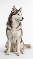 Fototapeta premium Portrait Of A Siberian Husky With Blue Eyes Sitting Against White Background