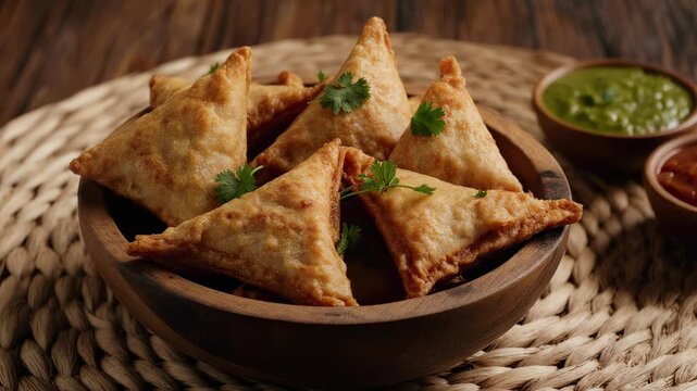 Ramadan menu, Plate of crispy, golden samosas garnished with cilantro, served with green, red, and brown chutneys
