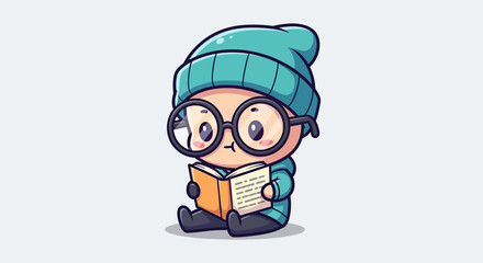Cartoon Character Reading Book with Glasses.