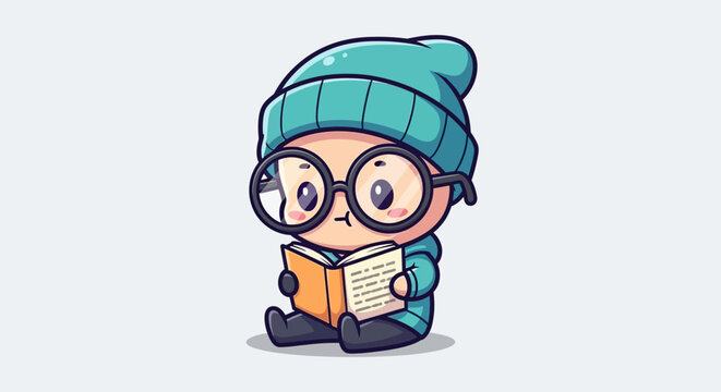Cartoon Character Reading Book with Glasses.