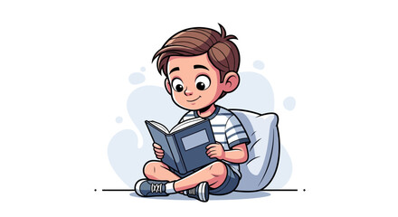 Young Boy Reading a Book Sitting.