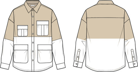 Color-blocked button-up shirt technical fashion drawing front and back views, garment construction vector illustration, apparel design template, clothing manufacturing graphics