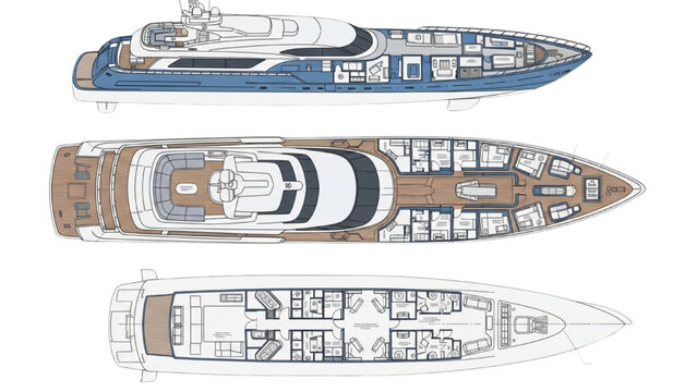 Detailed vehicle autocad blueprint of a luxury yacht's deck and interior layout design plan from overhead viewpoint