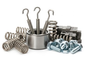 Assorted hardware items including springs, hooks, and bolts displayed on a white background