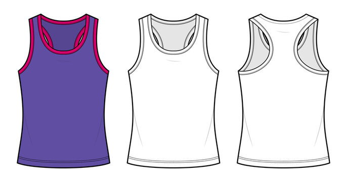 Racerback Tank Top Technical Fashion Illustration. Athletic Sleeveless Sport Singlet with Contrast Trim. Front and Back View CAD Vector Template. Purple and Magenta
