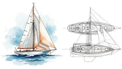Detailed vehicle autocad blueprint of a sailing yacht alongside a serene watercolor depiction in a maritime environment from a distant viewpoint