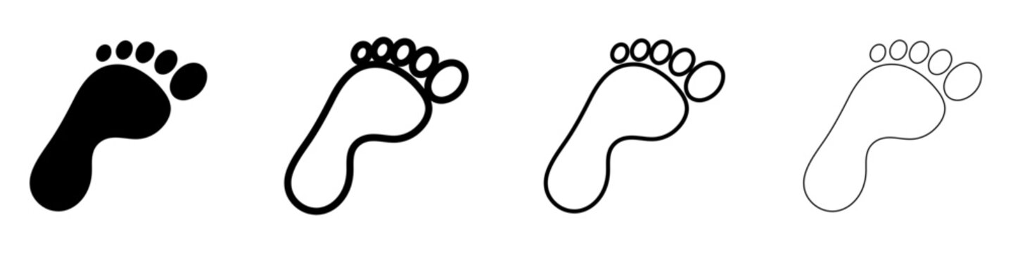 Set of human footprint icons presented in various styles: from a solid black silhouette to linear outlines of different thicknesses. Minimalist vector illustration.