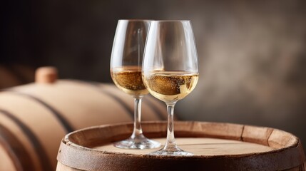 Wine glasses rest on an oak barrel in a winery cellar with warm lighting and wooden textures creating a rich atmosphere