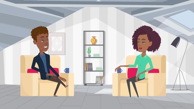 Psychologist counseling session animation, therapist and patient conversation mental health therapy concept, psychology treatment, 2D cartoon