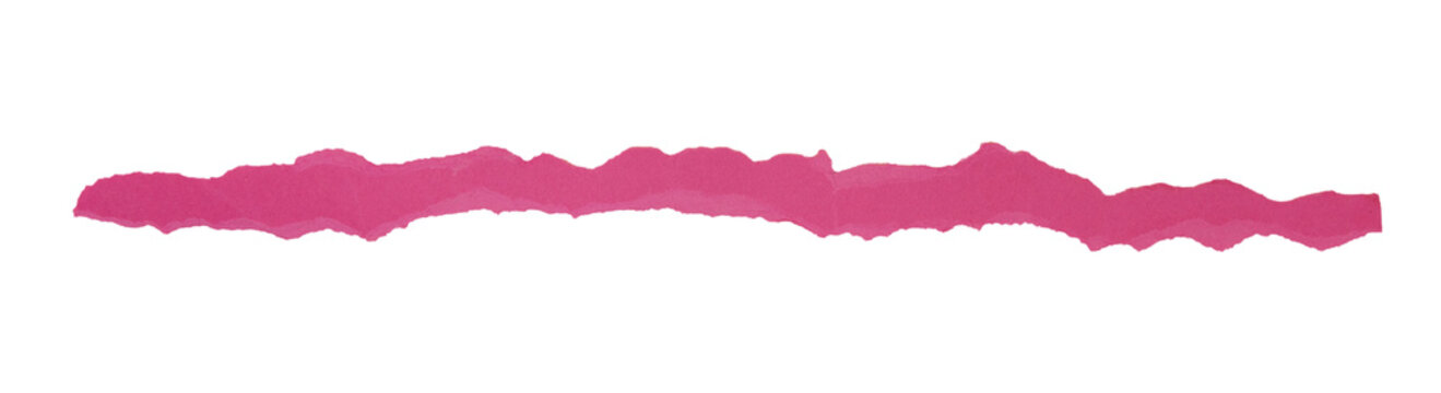 Un morceau de papier brut, en forme de bande, de couleur rose, d&eacute;chir&eacute; et isol&eacute;, au format png transparent. Un espace de copie.
