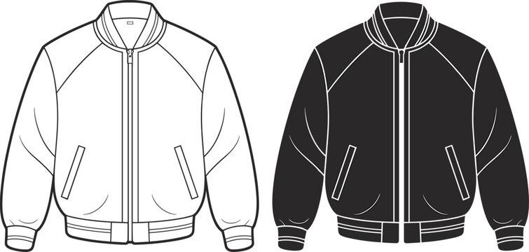 Technical fashion sketch of a bomber jacket, varsity style varsity coat with zipper, front view, vector