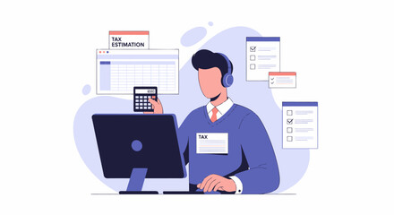 Fototapeta premium Professional customer service representative working on computer with headset.