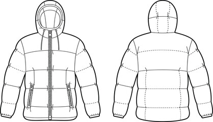 Technical fashion sketch of a hooded puffer jacket, quilted winter coat design, front and back view, vector © Majnur