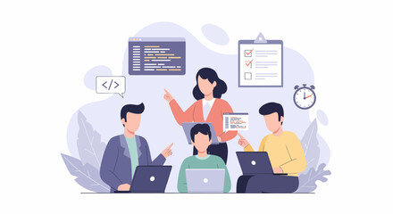 Professional team collaborating on a software development project with laptops.