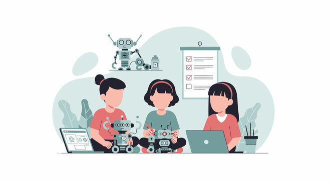 Three young girls engaged in a robotics coding class learning about technology.