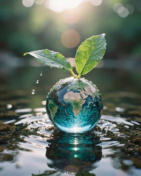 Earth Day Sustainability Concept, Clean Water Conservation, Eco-Friendly Environment with Green Plant and Water Droplets with peace, efficiency, earth